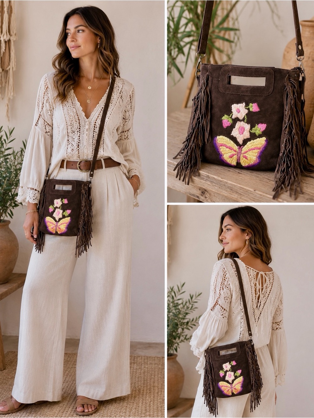Anthropologie | RAJ Fringe Suede Bag with Butterfly Embroidery